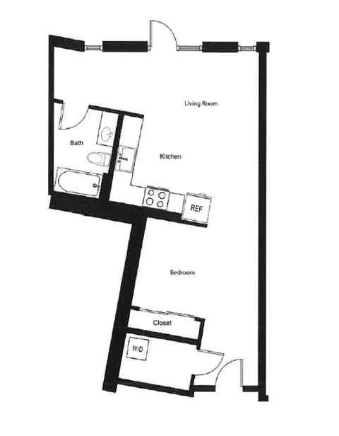 Floor plan for studio, 1 bath, 730 sqft